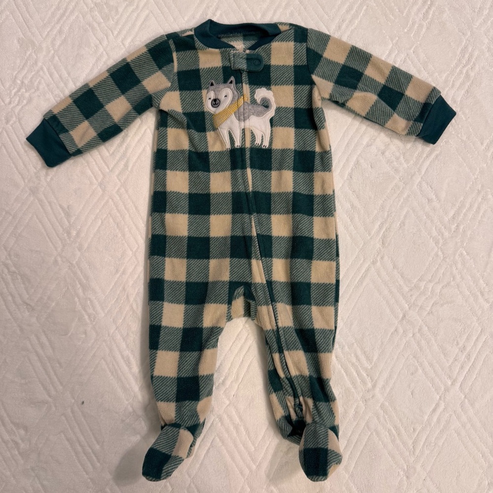3 for $15 Carter's Green and Cream Plaid Fleece Footie 6M
